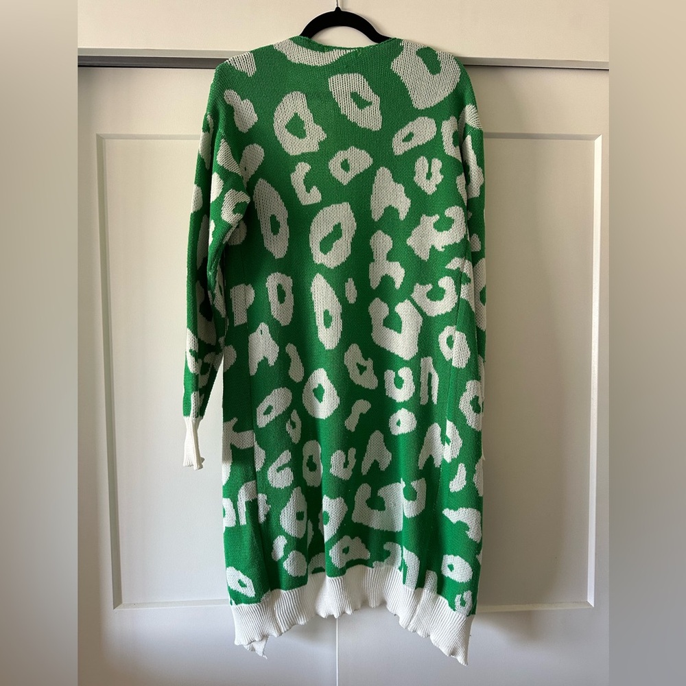 Green and White Leopard Print Women's Sweater - Picture 2 of 5